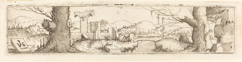 Landschaft mit einem Bach und Ruinen