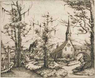 Landschaft mit Kirche und überdachter Brücke