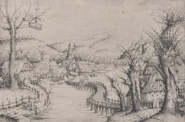 Flusslandschaft mit drei kahlen Weiden rechts und einer langen, gewundenen Holzbrücke, 1546
