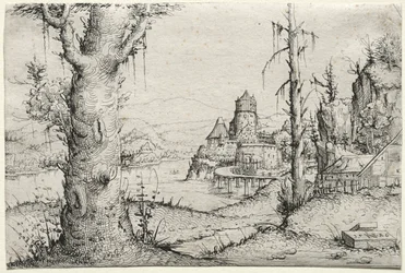 Flusslandschaft mit großem Baum links