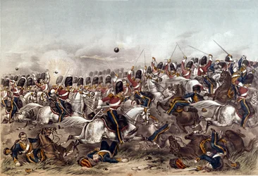 Schlacht von Balaclava. Brillanter Angriff der Scots Greys, 25. Oktober 1854, graviert von Augustus Butler, veröffentlicht von Stannard und Dixon, London, 6. Januar 1855