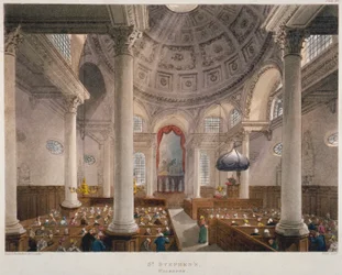 Innenraum der Kirche St Stephen Walbrook während eines Gottesdienstes, City of London, 1809