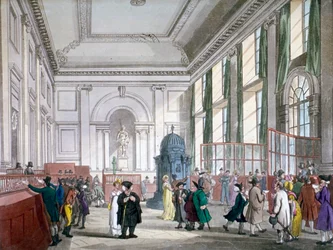 Die Große Halle der Bank of England, London, 1809, mit Kunden und Angestellten