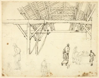 Abgelehnte Studie, möglicherweise für eine Illustration des Zollhauses, aus Microcosm of London (recto); Skizzen von Arbeitern mit Fässern (verso)