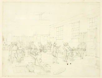 Studie für Die Münze, aus Microcosm of London (recto); Skizze des Innenhofs (verso)