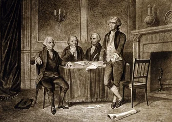 Führer des Kontinentalkongresses 1775: John Adams, Robert Morris, Alexander Hamilton, Thomas Jefferson, Zeichnung von Augustus Tholey (1894)