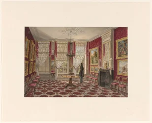 19. Jahrhundert Interieur mit Gemälden und stehender Figur