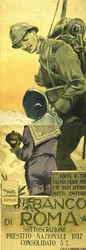 Plakat des Banco di Romano für Kriegsanleihe. Italienischer Soldat sagt seinem Sohn, er solle seine Spardose leeren und Papa wird bald siegreich nach Hause kommen.