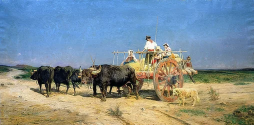 Fuhrwerk von Büffeln gezogen