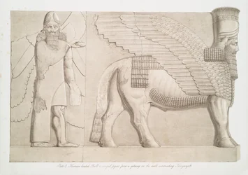 Menschenköpfiger Stier und geflügelte Figur von einem Tor im Mauerwerk um Kouyunjik [Quyunjik], 1853