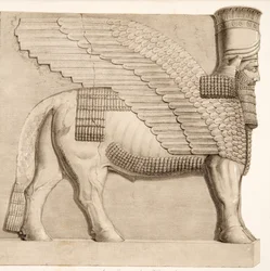 Menschköpfiger Stier und geflügelte Figur von einem Tor im Mauerwerk um Kouyunjik, aus Denkmäler von Ninive, veröffentlicht 1849