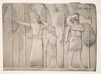Jäger mit Gazelle, Hase und Vögeln (Khorsabad), aus Denkmäler von Ninive, veröffentlicht 1849