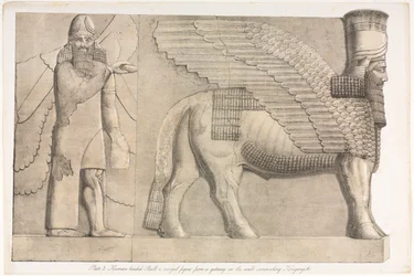 Denkmäler von Ninive: Tafel 3, Menschlicher Stierkopf und geflügelte Figur von einem Tor im Mauerwerk um Kouyunjik (Quyunjik)