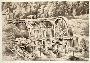 Quarzbrechmühle, aus Die Geschichte von Australasien von David Blair, McGrady, Thomson und Niven, 1879