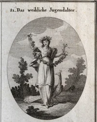 Allegorie des Jugendalters (heranwachsendes Mädchen), dargestellt durch eine junge Frau mit einer Krone und einer Blumengirlande, die glückselige Freude bezeichnen. Der Pfau verkörpert die Liebe zum Schmuck. Ihr Fuß steht auf einer Sanduhr. Stich in