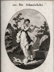Allegorie der Schmeichelei, die Flöte spielt, um zu zeigen, dass sie sich durch die Süße ihrer Worte einschmeicheln will. Ihr Attribut ist die Biene (für die Süße des Honigs und das Gift des Stachels) und der Blasebalg (Schmeichelei entfacht das Feuer der 