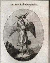 Allegorie des Ehrgeizes. Ihre Flügel kennzeichnen ihre Neigung, aufzusteigen, und ihre Kühnheit wird durch verschiedene Arten von Kronen und Zeptern dargestellt. Die Augenbinde unterstreicht ihren Mangel an Urteilsvermögen und ihre Blindheit gegenüber