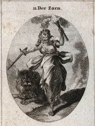 Allegorie des Zorns, dargestellt in einer unruhigen Haltung, mit verbundenen Augen, einem Schwert und einer Fackel in den Händen. Sie ist mit Bärenhaut bekleidet und der Löwe hinter ihr ist furios. Gravur in „Iconologie oder Ideen aus dem Gebiete der Leide