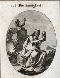 Allegorie der Anwesenheit. Sie hält eine Sanduhr und sitzt am Fuße eines Felsens, umgeben von einer Efeupflanze. Der Hahn ist ihr Attribut, da Anwesenheit ohne Wachsamkeit nicht existiert. Gravur in „Iconologie oder Ideen aus dem Gebiete der Leidenschaften