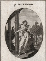 Allegorie der Kühnheit, die eine Säule umarmt, die ein Gebäude stützt, während sie versucht, es niederzureißen. Gravur in „Iconologie oder Ideen aus dem Gebiete der Leidenschaften und Allegorien bildlich dargestellt für Zeichner, Maler, Dichter, Gelehrte, 