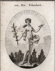 Allegorie der Schönheit. Der Zirkel ist das Emblem der Genauigkeit der Proportionen. Die Lilie ist das Symbol der Schönheit. Gravur in "Iconologie oder Ideen aus dem Gebiete der Leidenschaften und Allegorien bildlich dargestellt für Zeichner, Maler, Dichte