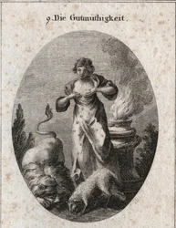 Allegorie der Güte, die gleichzeitig ein Lamm und einen Löwen stillt, was die Gleichheit von Schwachen und Starken symbolisiert. Das Feuer auf dem Altar deutet auf religiöse Gefühle hin. Gravur in „Iconologie oder Ideen aus dem Gebiete der Leidenschaften u