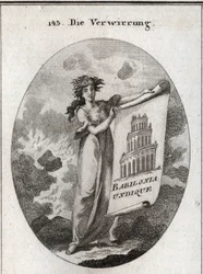 Allegorie der Verwirrung, die eine Zeichnung hält, die den Turm von Babel darstellt, mit dem Wort "Babylonia Undique". Der Hintergrund stellt Chaos dar und ihr Haar passt nicht zur Instabilität ihrer Fantasien. Gravur in "Iconologie oder Ideen aus dem Gebi