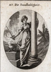 Allegorie der Beständigkeit. Sie hält ein Schwert über ein brennendes Feuer. Die Säule, die sie umarmt, ist das Attribut des Bauernhofs. Gravur in "Iconologie oder Ideen aus dem Gebiete der Leidenschaften und Allegorien bildlich dargestellt für Zeichner, M