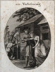 Allegorie der Korrektur. Ausdruck: In der Mühle und bei einer jungen Braut gibt es immer etwas zu tun. Gravur in „Iconologie oder Ideen aus dem Gebiete der Leidenschaften und Allegorien bildlich dargestellt für Zeichner, Maler, Dichter, Gelehrte“