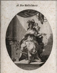 Allegorie der Höflichkeit, dargestellt durch eine wohlhabende, anmutige und lächelnde Frau, die Geld und Schmuck verteilt. Gravur in „Iconologie oder Ideen aus dem Gebiete der Leidenschaften und Allegorien bildlich dargestellt für Zeichner, Maler, Dichter,