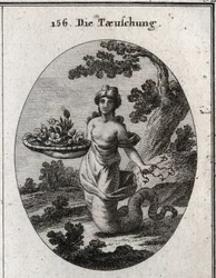 Allegorie des Betrugs. Unter den Blumen des Korbes befindet sich eine Schlange. Sie hält mehrere Haken hinter ihrem Rücken versteckt. Ihre Beine enden in einem Schlangenschwanz, um zu zeigen, dass sie kriecht, um ihre Ziele zu erreichen. Gravur in „Iconolo