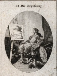 Allegorie der Wonne dargestellt durch einen jungen Mann, der eine Lyra hält, neben einem Gemälde mit Früchten, Büchern, Waffen und zwei Tauben, die sich gegenseitig liebkosen, alles symbolisiert den Reiz der Sinne. Gravur in „Iconologie oder Ideen aus dem 