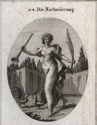 Allegorie des Wetteifers. Trompete und Palme symbolisieren die dem Verdienst zugeschriebene Belohnung. Die Attribute sind zwei kampfbereite Hähne. Stich in "Iconologie oder Ideen aus dem Gebiete der Leidenschaften und Allegorien bildlich dargestellt für