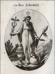 Allegorie des Schicksals. Ein Stern darüber zeigt astrologische Berichte über Vorfälle im menschlichen Leben. Er hält in einer Hand ein Symbol seiner Macht und in der anderen eine Rohrkolben-Symbol und eine Spindel, deren gebrochener Faden die Zerbrechlich