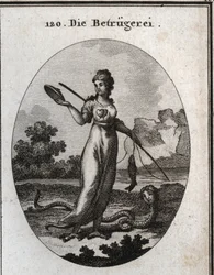 Allegorie des Betrugs, dargestellt mit einem doppelten Herzen und einer Maske in der Hand. Sie hält eine Angelrute, an der ein Fisch angebissen hat. Ihre Beine enden in Geierklauen, und sie hat einen Skorpionschwanz. Ihr Attribut ist eine Schlange mit