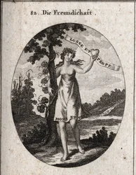 Allegorie der Freundschaft. Myrten- und Granatapfelblüten auf seiner Krone sind Symbole der Liebe und Harmonie. Es zeigt ein Herz mit der Inschrift: „Longe et prope“ (Von fern und nah). Am unteren Rand seines Kleides steht „Bitches et vita“ (Tod und Leben)