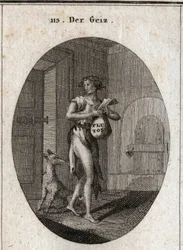 Allegorie der Gier, dargestellt in Lumpen mit einer Goldkette, die ihm als Gürtel dient, was betont, dass der Besitz von Eigentum ihn zum Sklaven macht, bis er die Notwendigkeiten verweigert. Auf der Börse steht der Name Pluto, Gott des Reichtums in der My