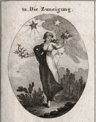 Allegorie der Neigung. Sie hält einen Strauß Rosen und einen Strauß Dornen und sieht unentschlossen in ihrer Wahl aus. Hinter ihr ein heller und wohltuender Stern (der von Jupiter) und ein dunkler und schädlicher Stern (der von Saturn). Gravur in „Iconolog