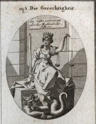 Allegorie der Gerechtigkeit. Ihre Attribute sind Waage und Schwert. Sie sitzt in einem Gerichtssaal und trägt eine goldene Krone auf dem Kopf. Unter ihren Füßen nagt der Betrug, der Angst hat, entdeckt zu werden, an seinen Fäusten. Gravur in „Iconologie od