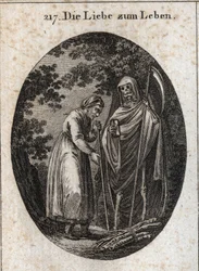 Allegorie der Lebensliebe. Eine alte Frau ruft den Tod, um ihr zu helfen, ihre Holzscheite auf den Kopf zu legen. Gravur in „Iconologie oder Ideen aus dem Gebiete der Leidenschaften und Allegorien bildlich dargestellt für Zeichner, Maler, Dichter, Gelehrte