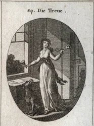 Allegorie der Treue, deren Symbole der Schlüssel, das Siegel und der Hund sind. Gravur in „Iconologie oder Ideen aus dem Gebiete der Leidenschaften und Allegorien bildlich dargestellt für Zeichner, Maler, Dichter, Gelehrte, Erzieher und Freunde Höherer Ges