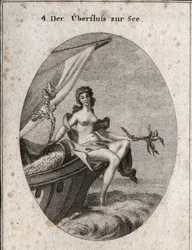 Allegorie des maritimen Überflusses, dargestellt durch Ceres, die auf dem Bug eines Schiffes sitzt. Sie hält einen Hanfbouquet, einen Ast mit Seidenraupenkokons. Sie lehnt sich an Getreide, das im Boot zurückhängt. Gravur in "Iconologie oder Ideen aus dem 
