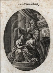 Allegorie der Ehe: Der Priester wirft die Galle der Tiere hinter den Altar, um zu zeigen, dass es in der Ehe keine Bitterkeit gibt. Gravur in „Iconologie oder Ideen aus dem Gebiete der Leidenschaften und Allegorien bildlich dargestellt für Zeichner, Maler,