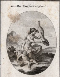 Allegorie des Unglücks, dargestellt mager und umfangreich. Ihre Attribute sind ein Füllhorn, das sie schüttelt und das leer ist, und ein Kind, das vor Hunger stirbt. Gravur in „Iconologie oder Ideen aus dem Gebiete der Leidenschaften und Allegorien bildlic