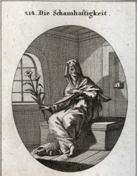 Allegorie der Bescheidenheit. Ihr Symbol ist ein Lilienzweig und eine Schildkröte, die bedeutet, dass bescheidene Frauen aus ihren Häusern entfernt werden müssen. Ihr Gesicht ist von einem Schleier bedeckt.