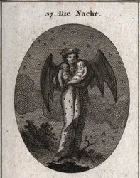 Allegorie der Nacht, dargestellt mit Fledermausflügeln (Fledermaus). Sie hält zwei schlafende Kinder, eines weiß und das andere schwarz (Traum und Albtraum). Kupferstich in "Iconologie oder Ideen aus dem Gebiete der Leidenschaften und Allegorien bildlich