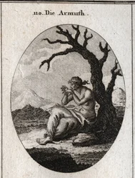 Allegorie der Armut, die am Fuß eines trockenen Baumes sitzt, der in kargem Gelände wächst. Ihre Füße und Hände sind gefesselt und sie versucht, ihre Fesseln mit den Zähnen zu lösen. Gravur in „Iconologie oder Ideen aus dem Gebiete der Leidenschaften und A