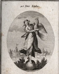 Allegorie des Stolzes, dargestellt durch ein junges Mädchen mit einer Augenbinde, das auf einer Kugel steht, dem Sinnbild ihrer geringen Standfestigkeit. Der Pfau symbolisiert den hochmütigen Geist. Die reiche Kleidung bedeckt ihre ärmlichen Kleider, um