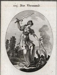 Allegorie der Vernunft, sie hält ein flammendes Schwert, mit dem sie die Laster bedroht, die durch Schlangen dargestellt werden, die sie in Ketten hält. Gravur in „Iconologie oder Ideen aus dem Gebiete der Leidenschaften und Allegorien bildlich dargestellt