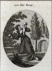 Allegorie des Bedauerns, dargestellt mit einem Knie auf einem Grab. Sie hält in einer Hand ein Taschentuch und in der anderen einen Stein, mit dem sie ihre Brust schlägt. Gravur in „Iconologie oder Ideen aus dem Gebiete der Leidenschaften und Allegorien bi